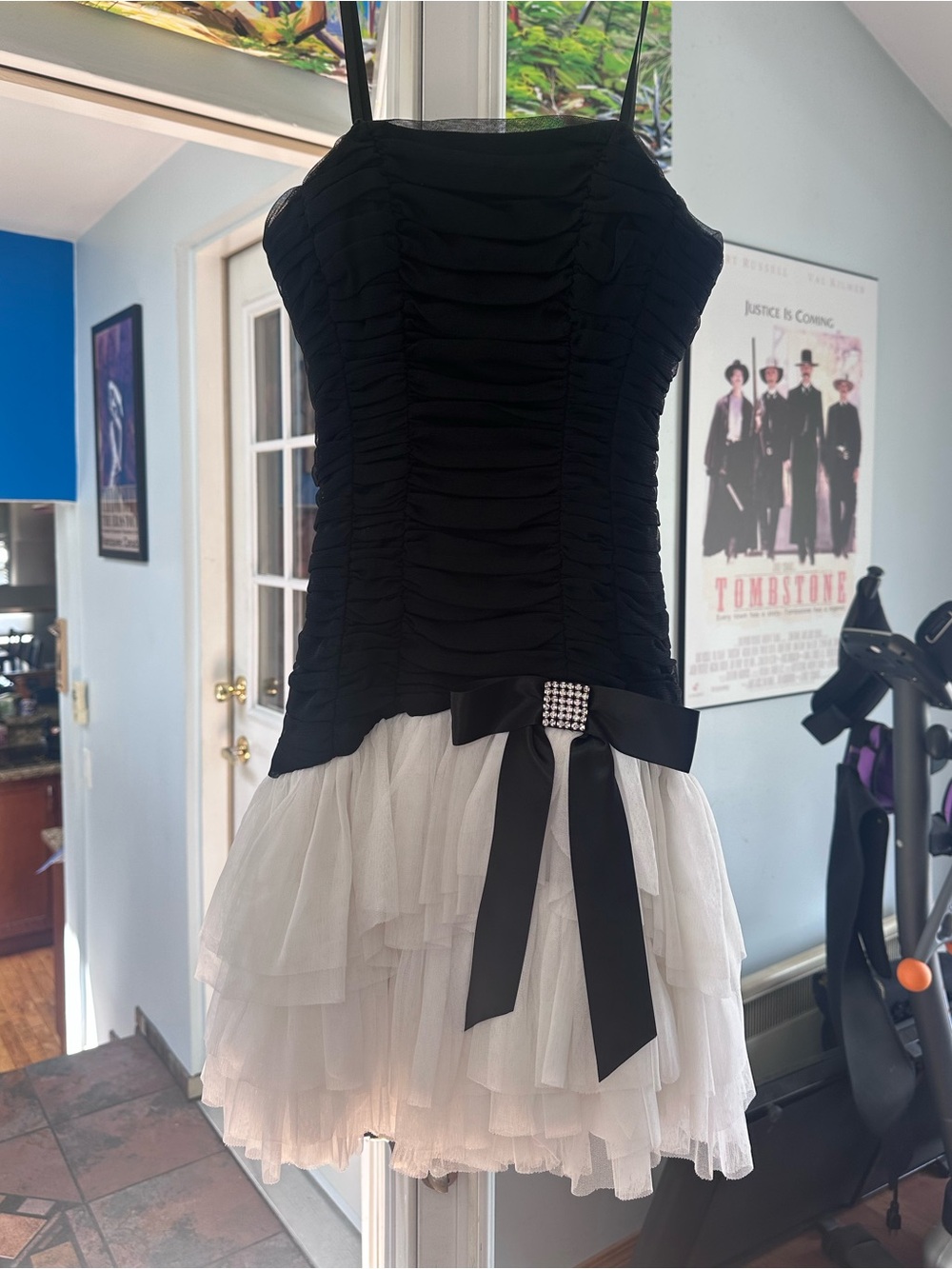 Blondie Nites Black Ruched Bodice Black & White Tulle Party Dress with Bow s